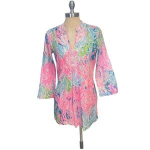 Lilly Pulitzer Sarasota Beaded Tunic Blouse Turquoise Lets Cha Cha Pink Small